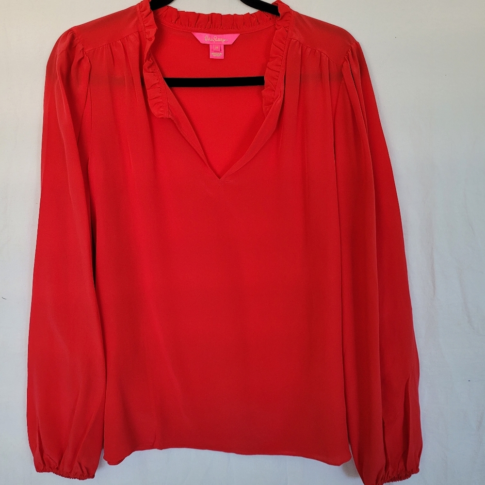 LILY PULITZER 100% Silk Top Size M Coral Orange Relaxed Casual